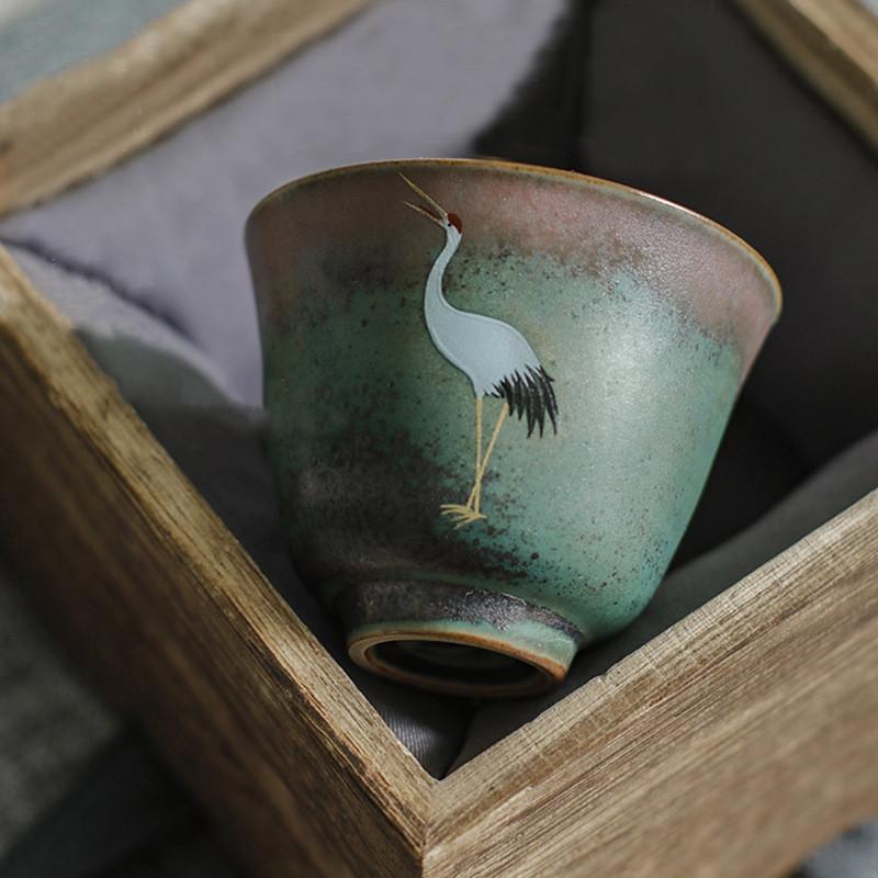 Deyutang Japanese Color Changing Ceramic Crane Tea Cup Set with Gift Bag