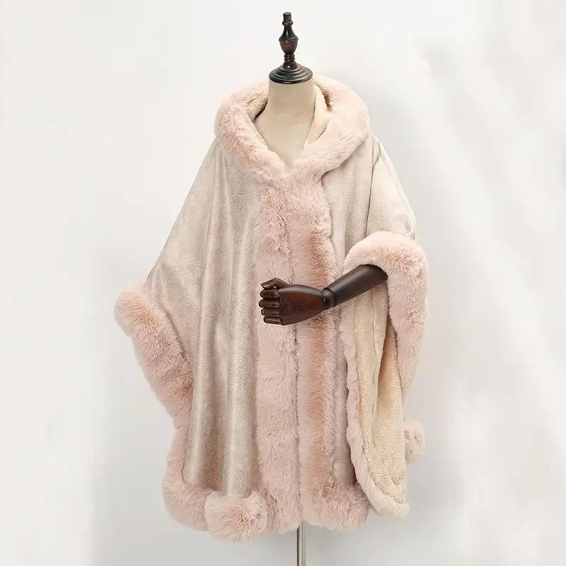 Cheap Women’s Solid Thicken Faux Fur Shawl Wraps with Hooded Soft