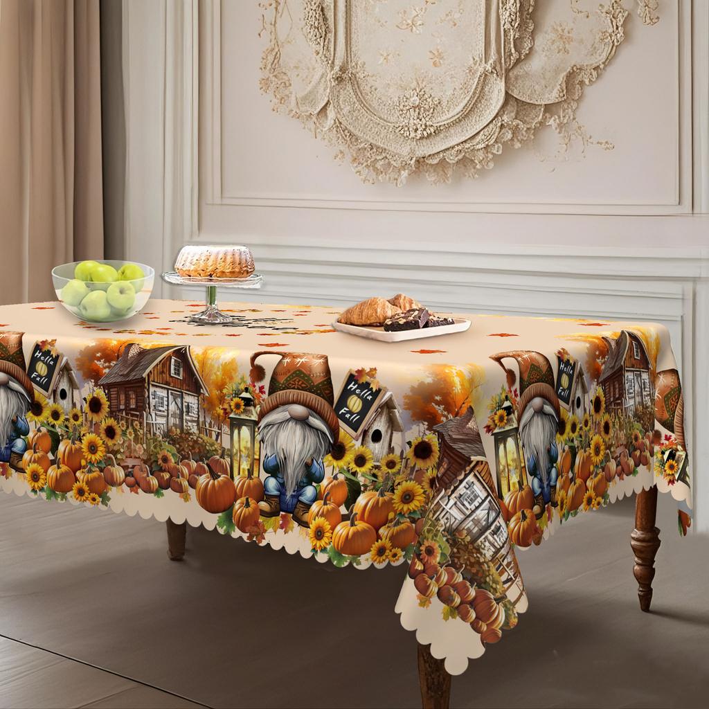1 Happy Autumn Gnome Tablecloth With Pumpkin House Maple Leaf Pattern - Dustproof Polyester Textured Tablecloth
