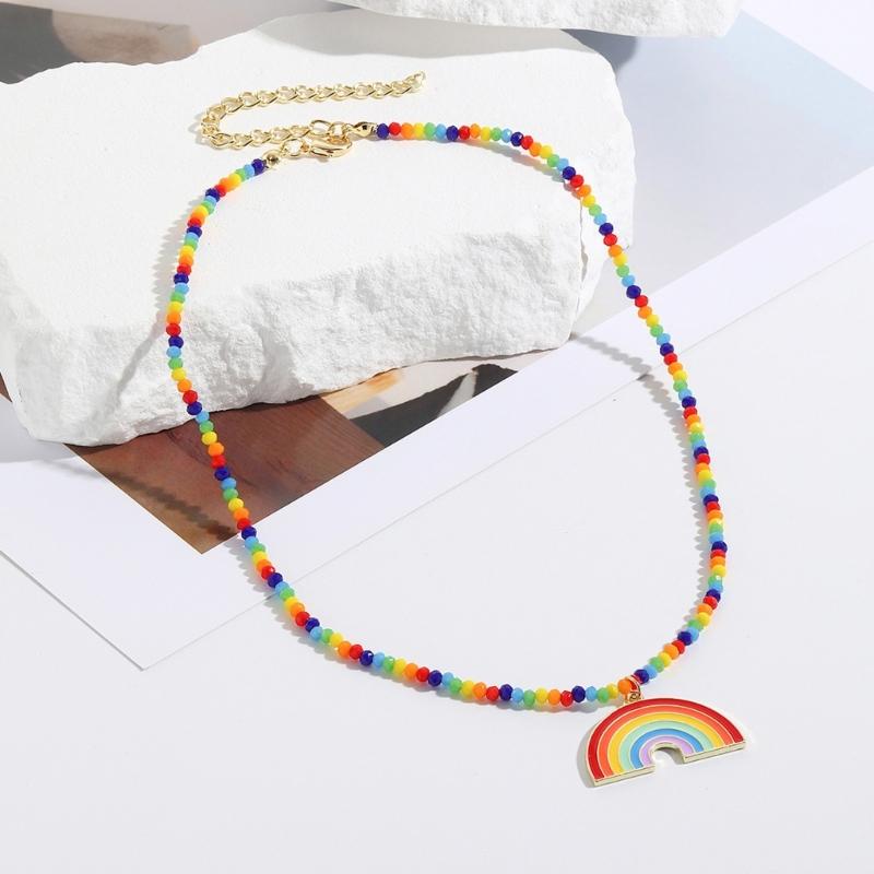 Fashion Rainbow Pendant Necklace Choker Neck Chain Elegant Clavicle Chain Handmade Beaded Necklace Statement Jewelry