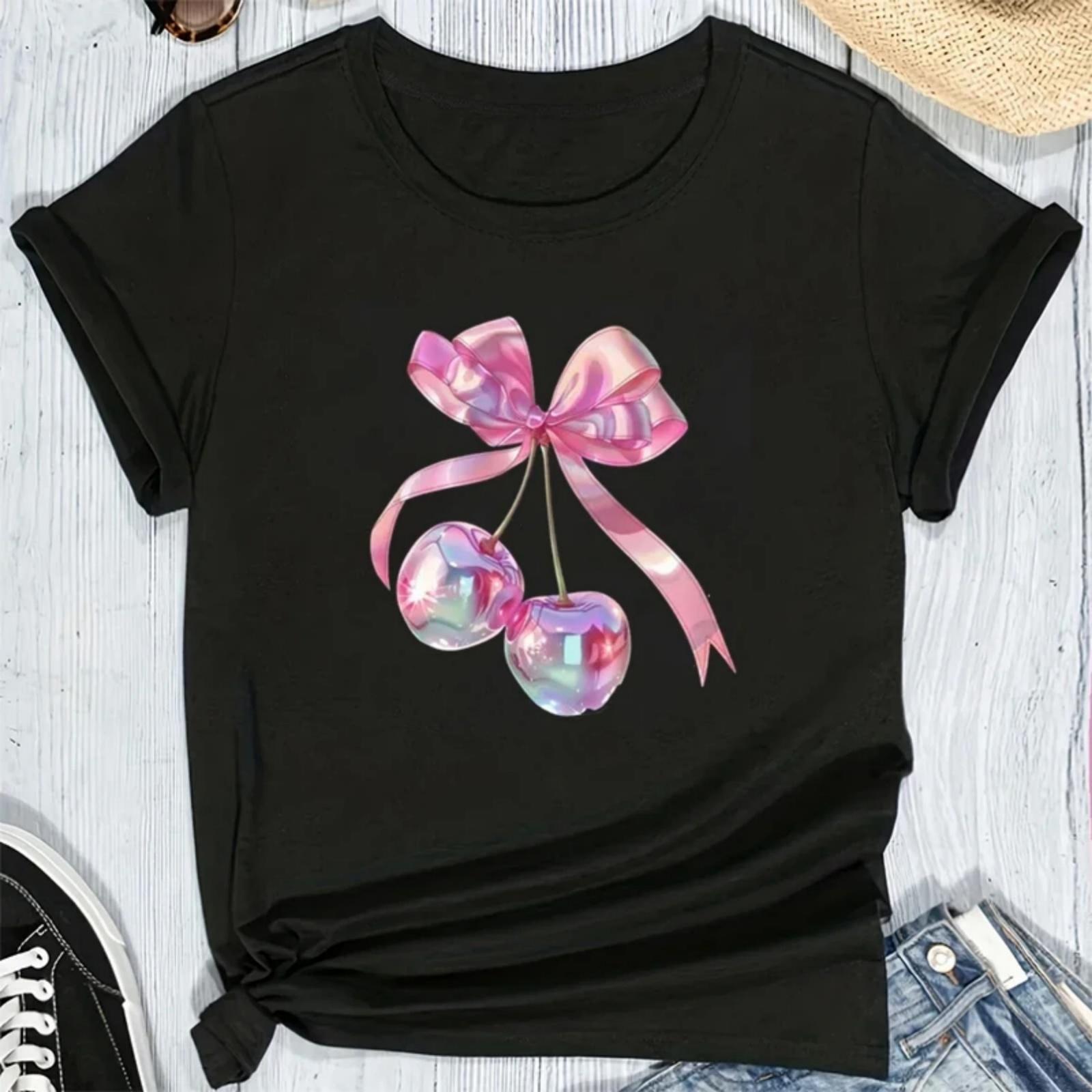 

Cherry Print Women s T Shirts Crew Neck Short Sleeve T-shirts Round Neck Casual Top Fruit & Vegetable Tees Y2k Clothing Tops XXXXXL чорний