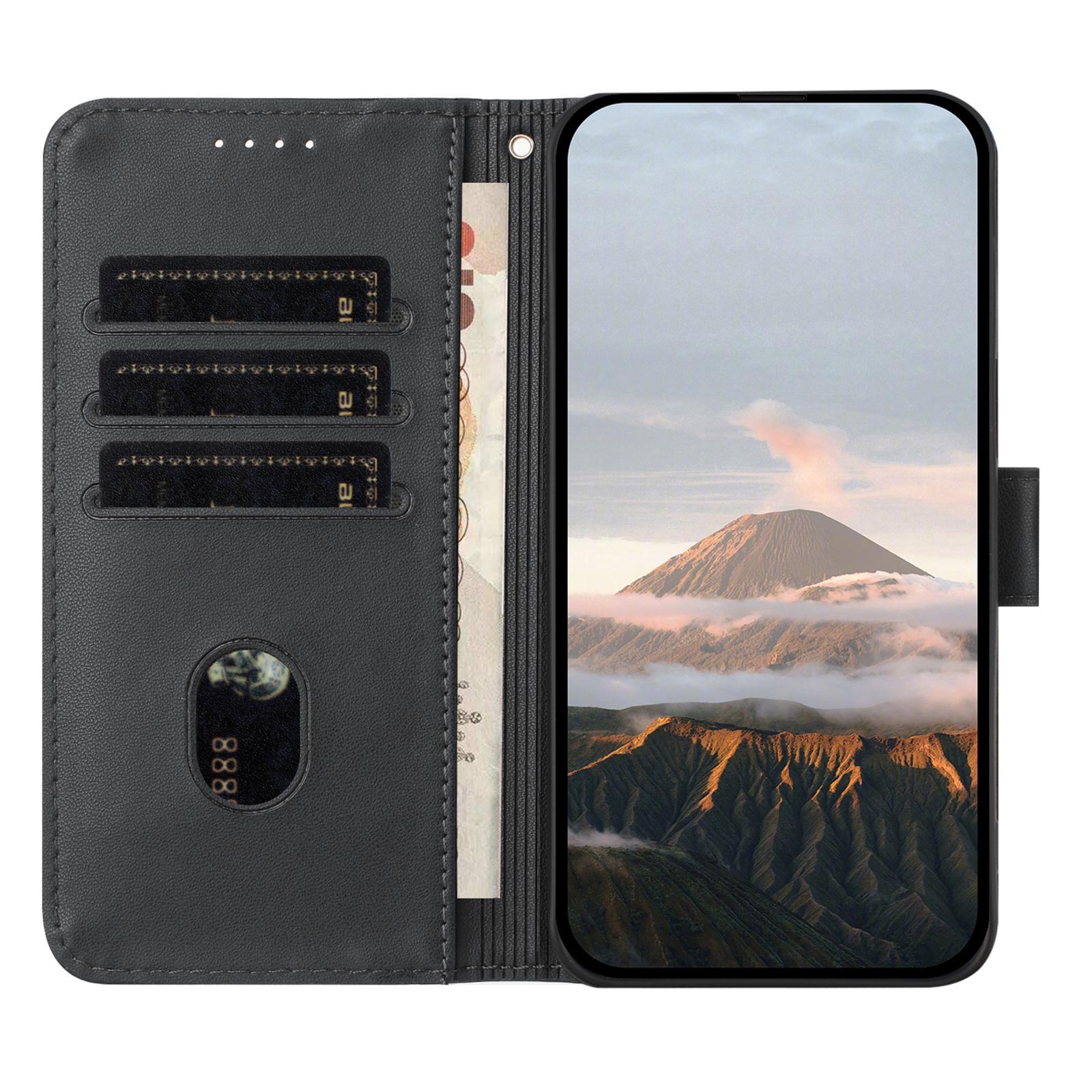 

YX0090 For iPhone 16 Pro Case Triangle Imprint Leather Phone Cover with Lanyard Black