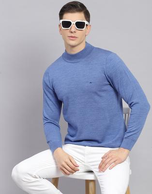 Mens Solid Blue Turtle Neck Full Sleeve Pullover