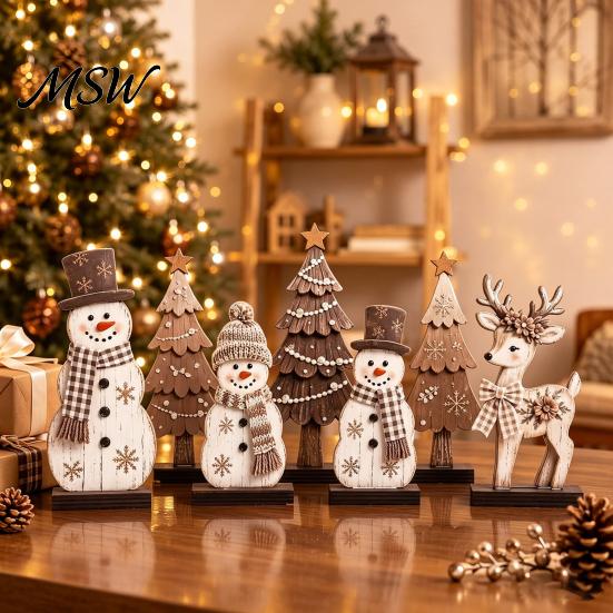 Festive Countertop Display Sets 7Pcs Christmas Wooden Tabletop Ornaments, Snowman Tree Reindeer Tiered Tray Decorative Figures Decor for Mantel,
