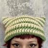 Gestreifte Strickmütze, gehäkelt, süße Katzenohren, Beanie-Mütze für Damen und Mädchen, modisch