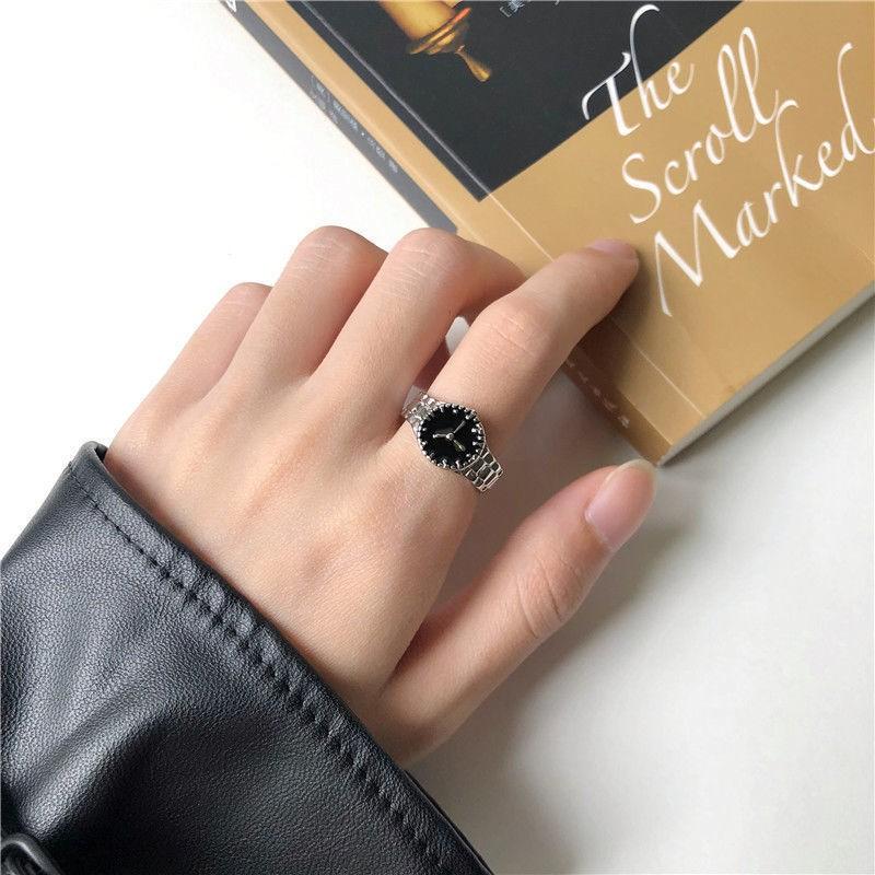 Adjustable Open Ring With Crystal-Embellished Watch Design Women Men Vintage Style Finger