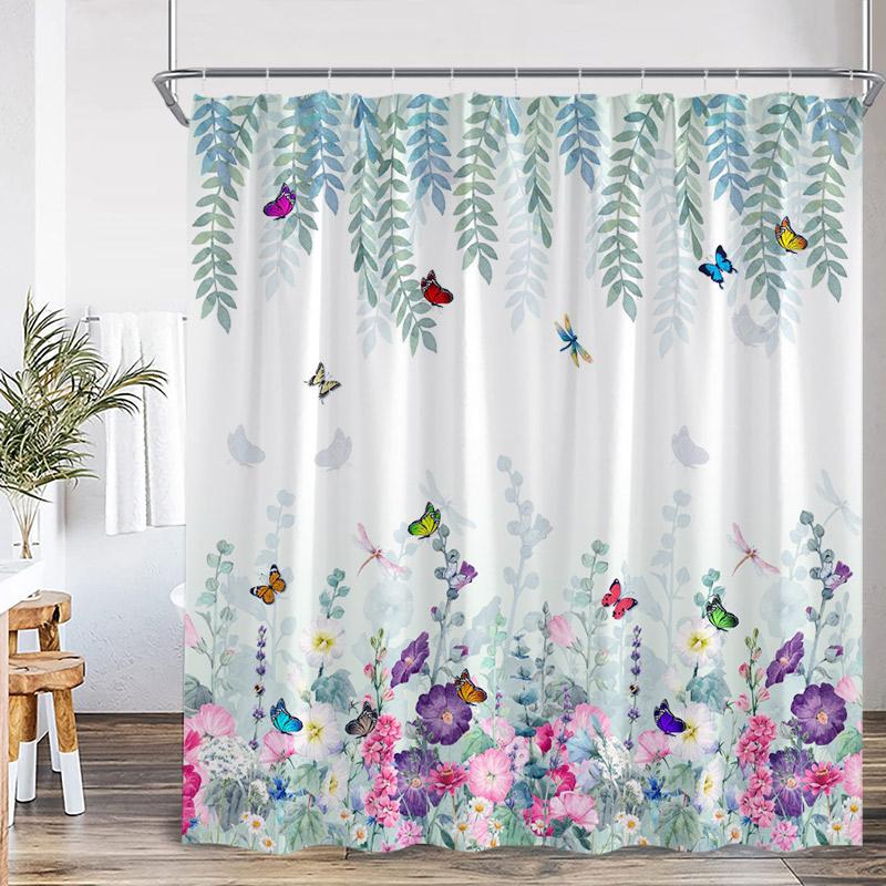 Butterfly Floral Shower Curtain Green Leaves Flowers Dragonfly Watercolour Plants Bath Curtains Polyester Fabric Bathroom Decor