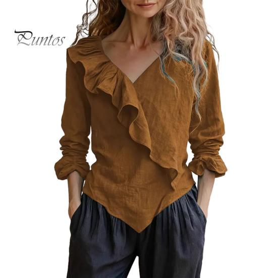 V-neck Women Top Tops V Neck Long Sleeve Ruffle Design Solid Color Commuter Blouse Loose Fit Work Party Casual Daily Wear Slim