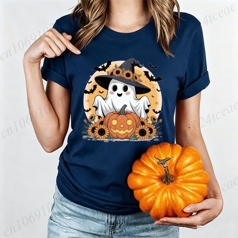 Women's Halloween T-Shirt Halloween-ghost-with-sunflower-hat-and-pumpkin-spooky-fun-with-bats-and-fall-vibes Print T-Shirts Gift