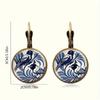 Orecchini Vintage con Uccello Gazza Blu Orecchini Rotondi Retro in Bronzo Antico con Cupola di Vetro per Donna