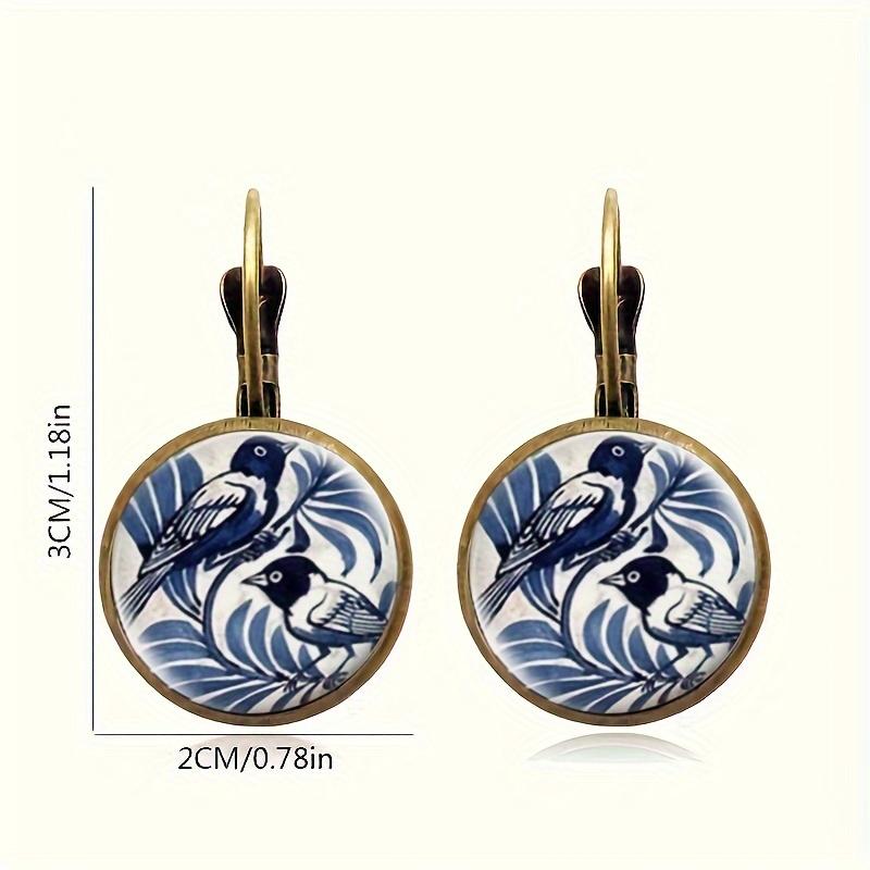 Orecchini Vintage con Uccello Gazza Blu Orecchini Rotondi Retro in Bronzo Antico con Cupola di Vetro per Donna