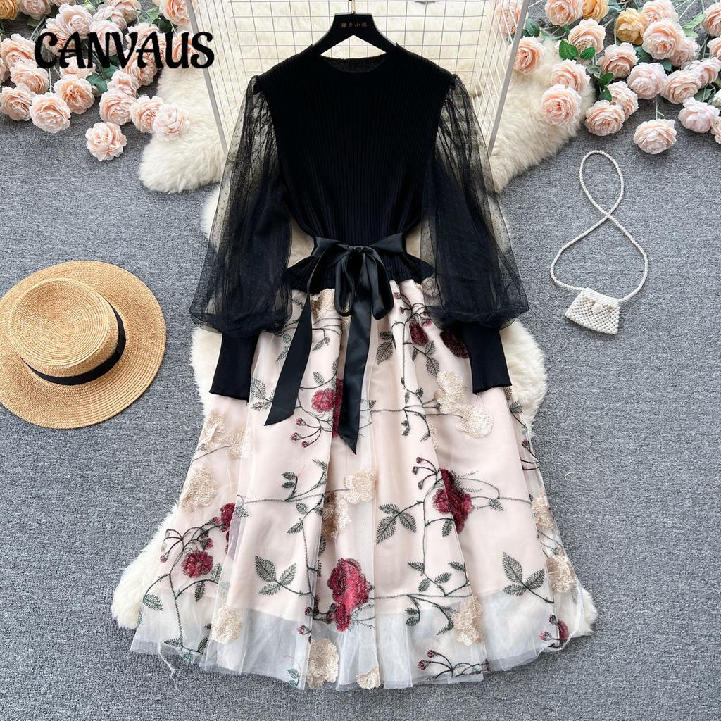Women's French Light Luxury Celebrity Style Knitted Splicing Embroidery Mesh Dress Tie Temperament Fairy Dresses