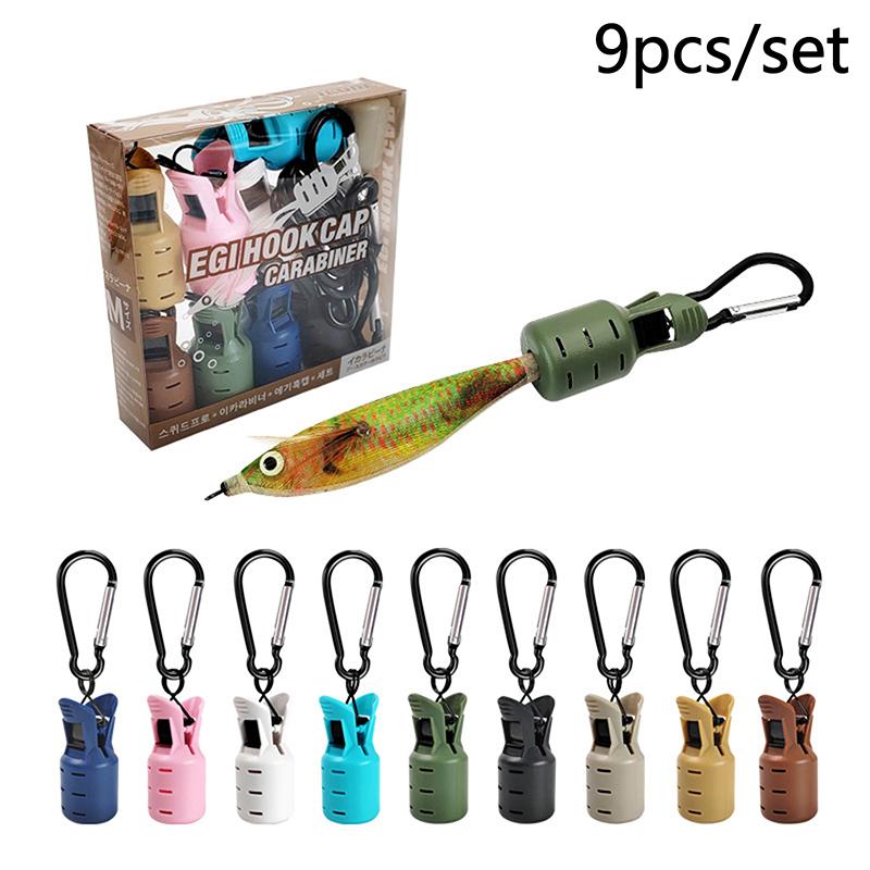 

9pcs Cuttlefish Umbrella Lure Cap With Carabiner Squid Jig Bait Protector Kit Webfoot Octopus Egi Hooks Cover Fishing Tackle