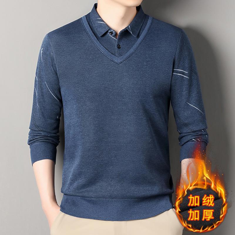 New Autumn and Winter Men's Sweater Thickened Fake Two-piece Sweater Warm Shirt Collar Casual Versatile Base Shirt Sweater