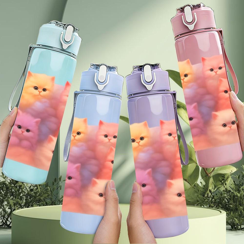 1PC Stacked Cute Pink Cats 750ml Color Plastic Sports Water Bottle Leakproof Flip Straw Lid Suitable for Sports Office Home Use
