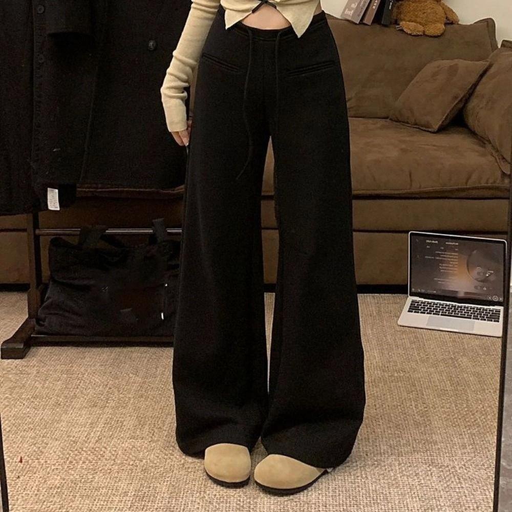 High Waist Casual Pants Women Drawstring Wide Leg Pants Breathable Straight Leg Pants Gym