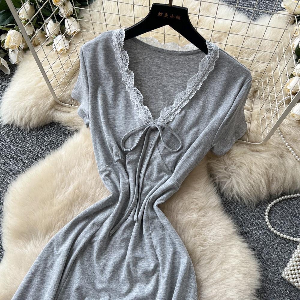 French V-neck Lace-up Lazy Dress for Women's Summer Waist and Thin Temperament A-shaped Long Dress for Commuting Wear
