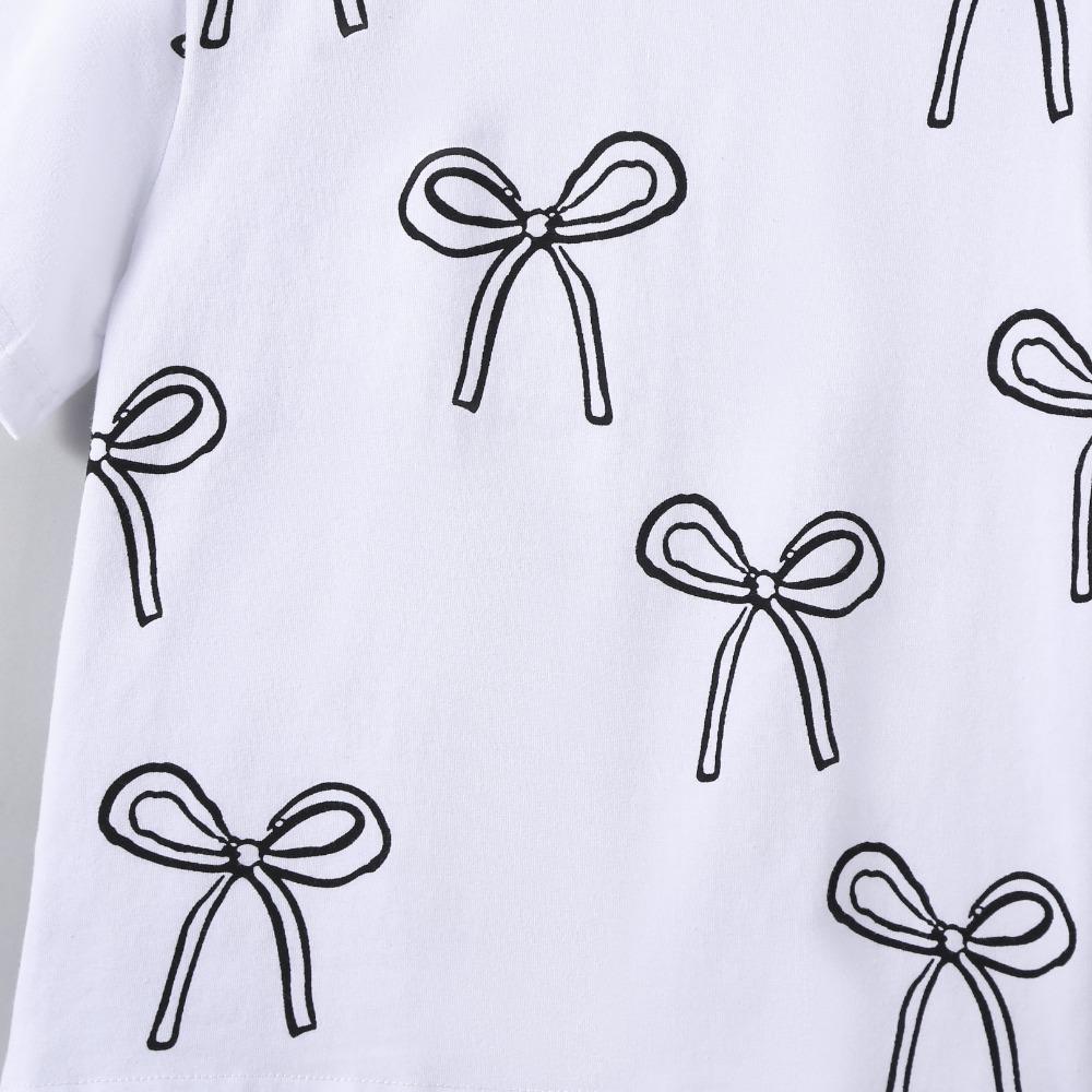 Koszulka dla dzieci 2-7 lat Dziewczynki Mieszanka bawełny Topy Casual Słodki Nadruk kokardki Lato Dziecięca Okrągły dekolt Krótki rękaw T-shirty