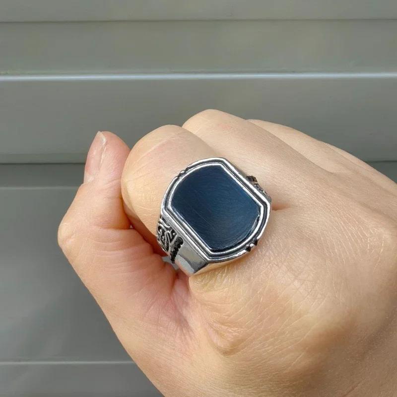 New European and American Vintage Carved Totem Pattern Wide Edge Square Zircon Men's Ring