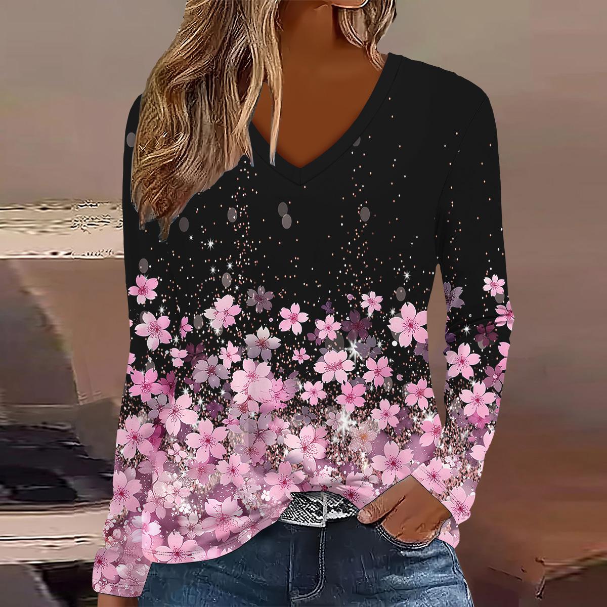 

Fashion Flower pattern 3D Print Women V-Neck Long Sleeve T-Shirt Casual Top Polyester Breathable Women s Clothing Apparel Tops XS