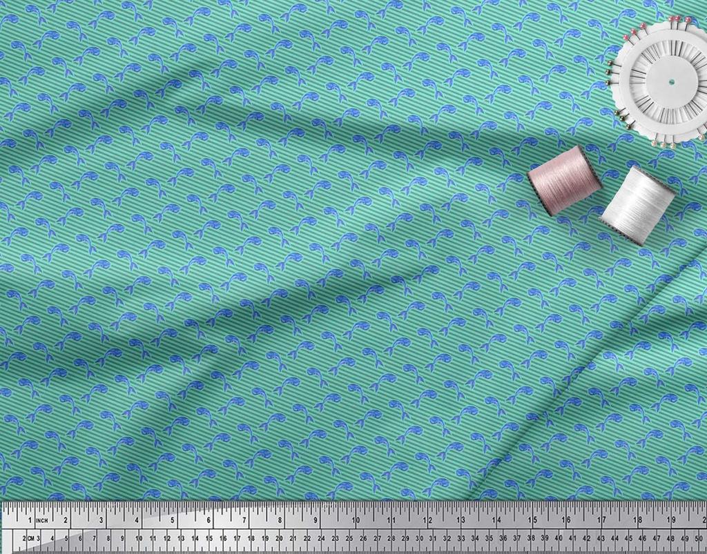 Soimoi Țesătură Satin Crep Verde Japonia Dungi & Pește Balenă Decor Ocean Imprimată Metru 42 Inch