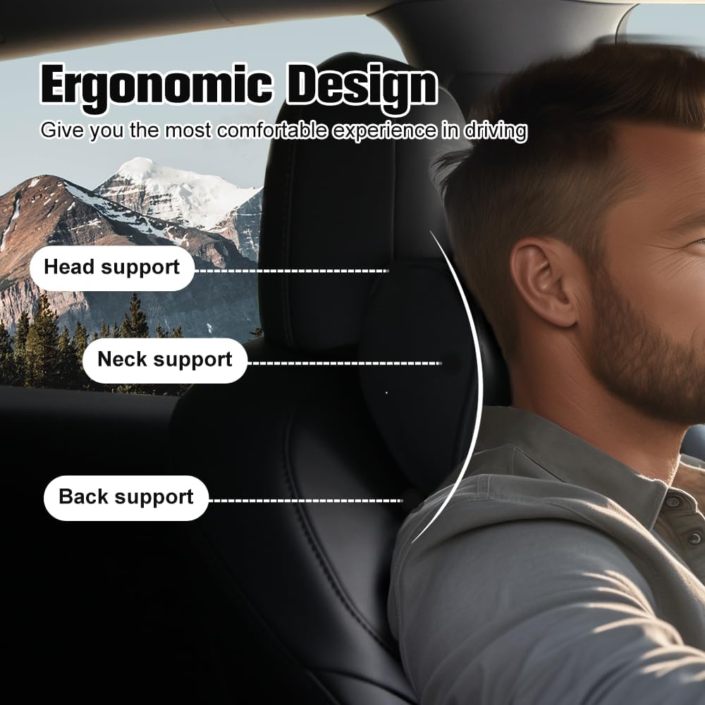 HOPON 2025 Upgrade Headrest Pillow For Tesla Model 3 Model Y With Adjustable Strap,Fits All Vehicles,Car Neck Pillow With Leather,For