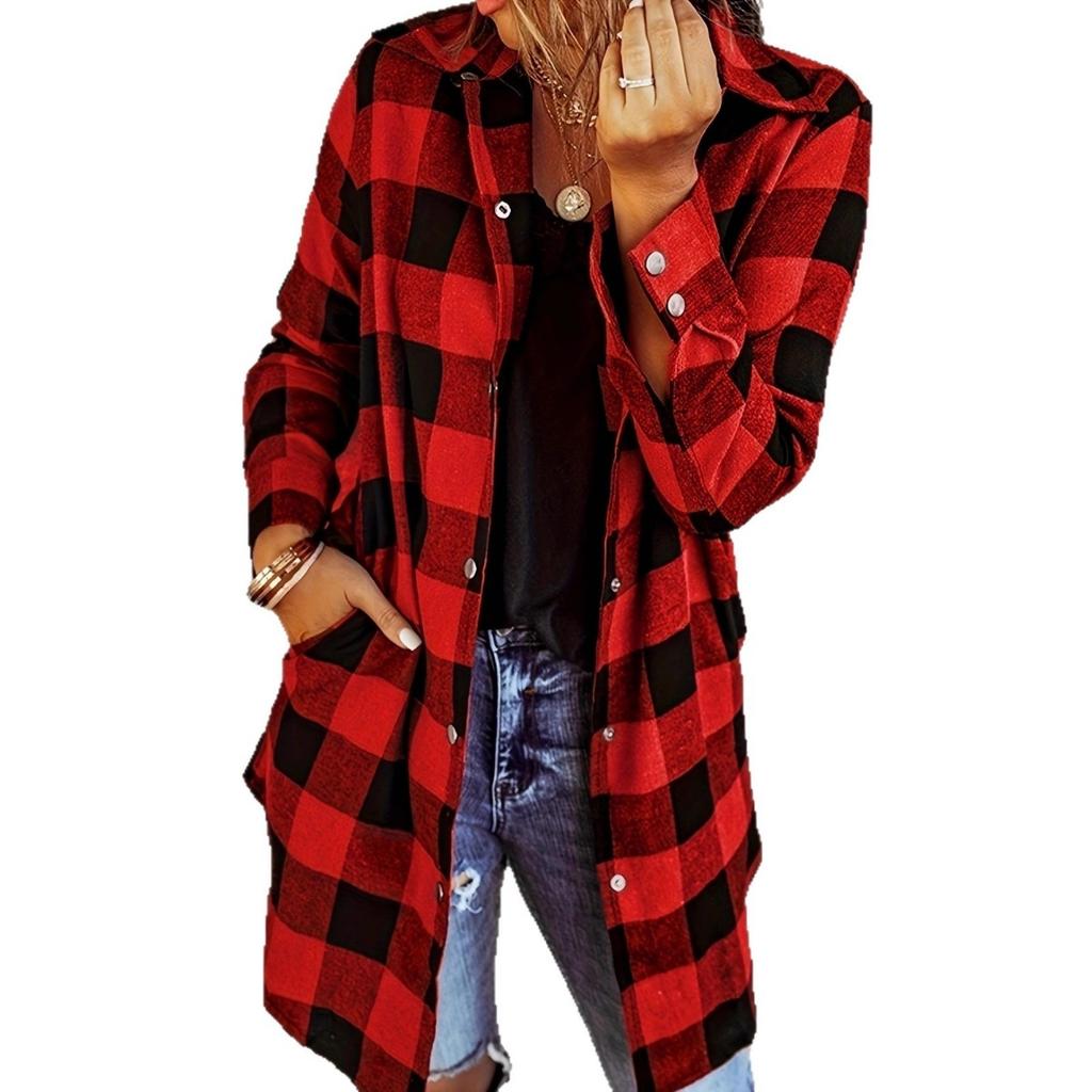 Fall Winter Vintage Plaid Long Sleeve Lapel Women's Loose Casual Shirt Jacket, Leisure Outerwear