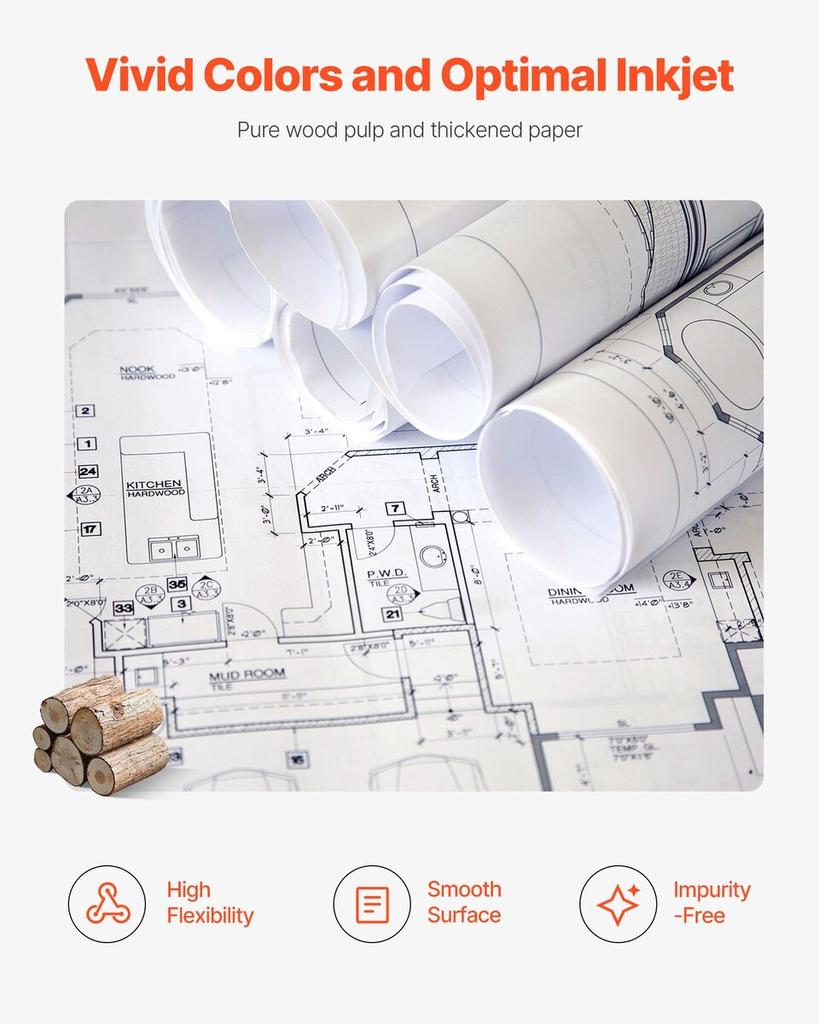 Wide Format Paper, 762 mm x 152.4 m Plotter Roll, 2 Rolls CAD Bond Rolls with 76.2 mm Core, 80 GSM Plotter Roll Rolls, for CAD Drawings, Engineering