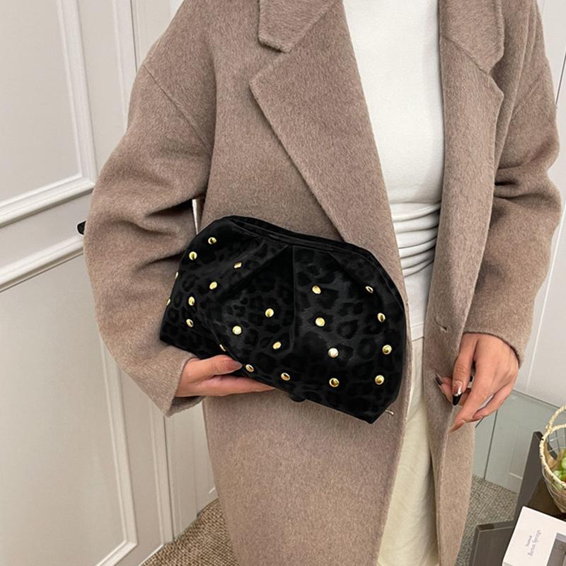 Trend Studded Women's Luxury Clutch Leopard Print Magnetic Clasp Clip Bag Designer High-end Cloud Bag Dinner Lipstick Coin Purse