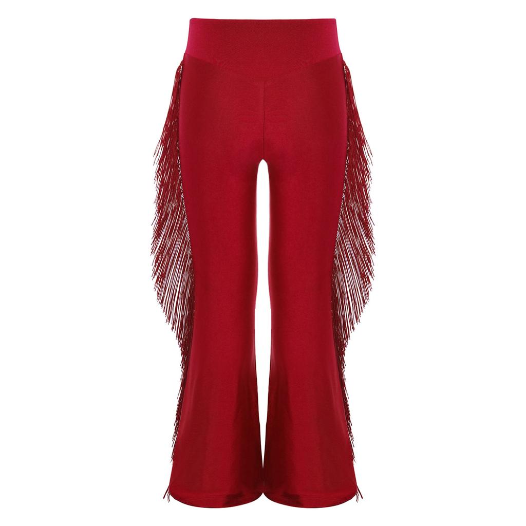 Chłopięce spodnie do tańca latynoamerykańskiego elastyczny pas z frędzlami styl dzwonów spodnie do występów ballroomowych