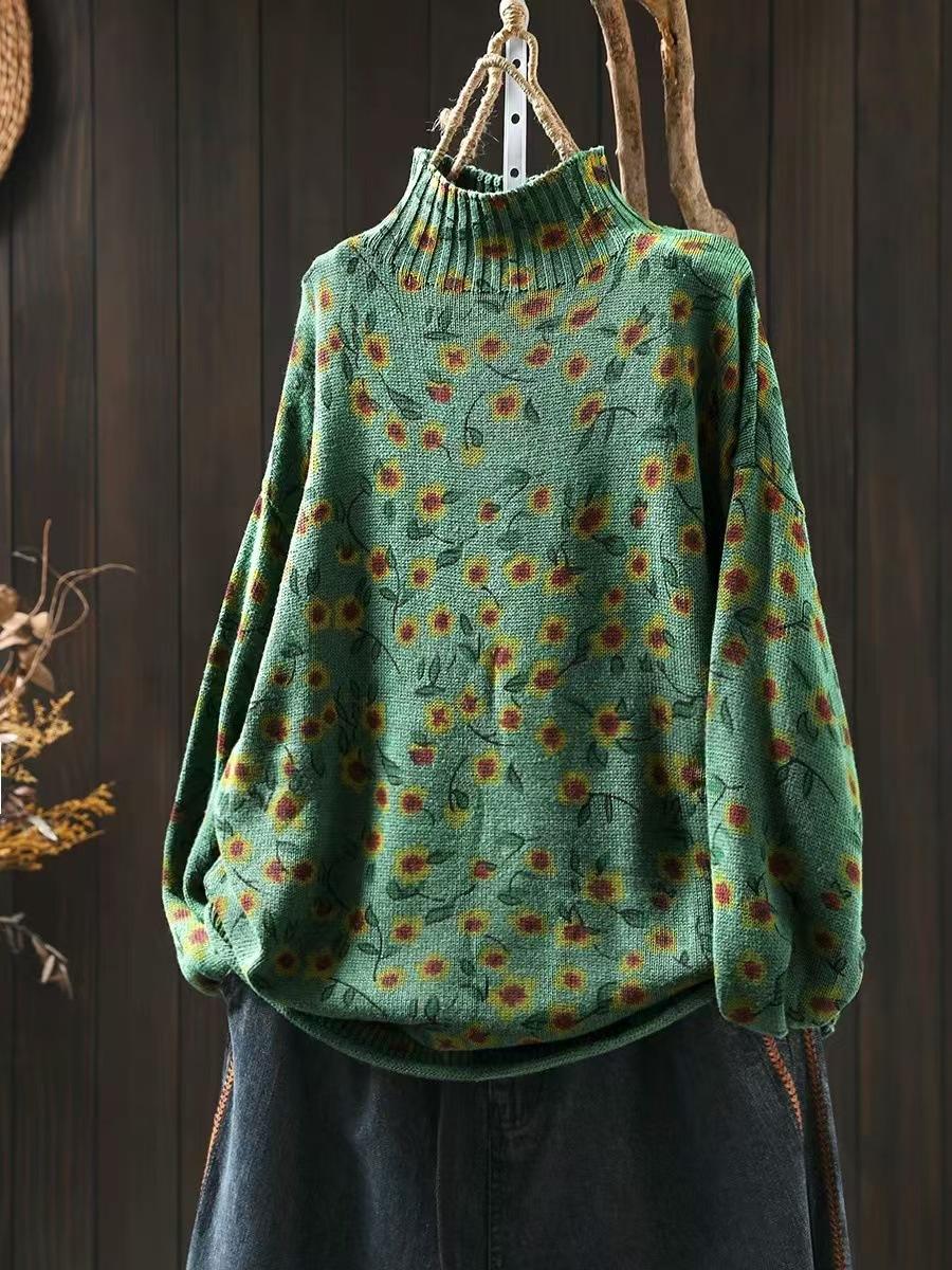 

Johnature Жіночий зимовий вільний ледачий светр з довгими рукавами в китайському стилі, індивідуальний повсякденний светр з фальшивим вирізом One Size зелений