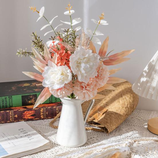Fake Peonies Artificial Flower Bouquet Realistic Peony Chrysanthemum with Eucalyptus Leaves Faux Silk Floral Arrangement for Wedding Bouquets Bridal
