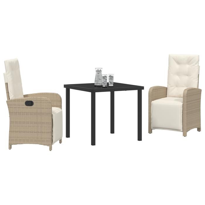VidaXL Ensemble repas jardin 3 pièces avec coussins, table carrée moderne en poly rotin beige et chaises pour l'extérieur, 3380330