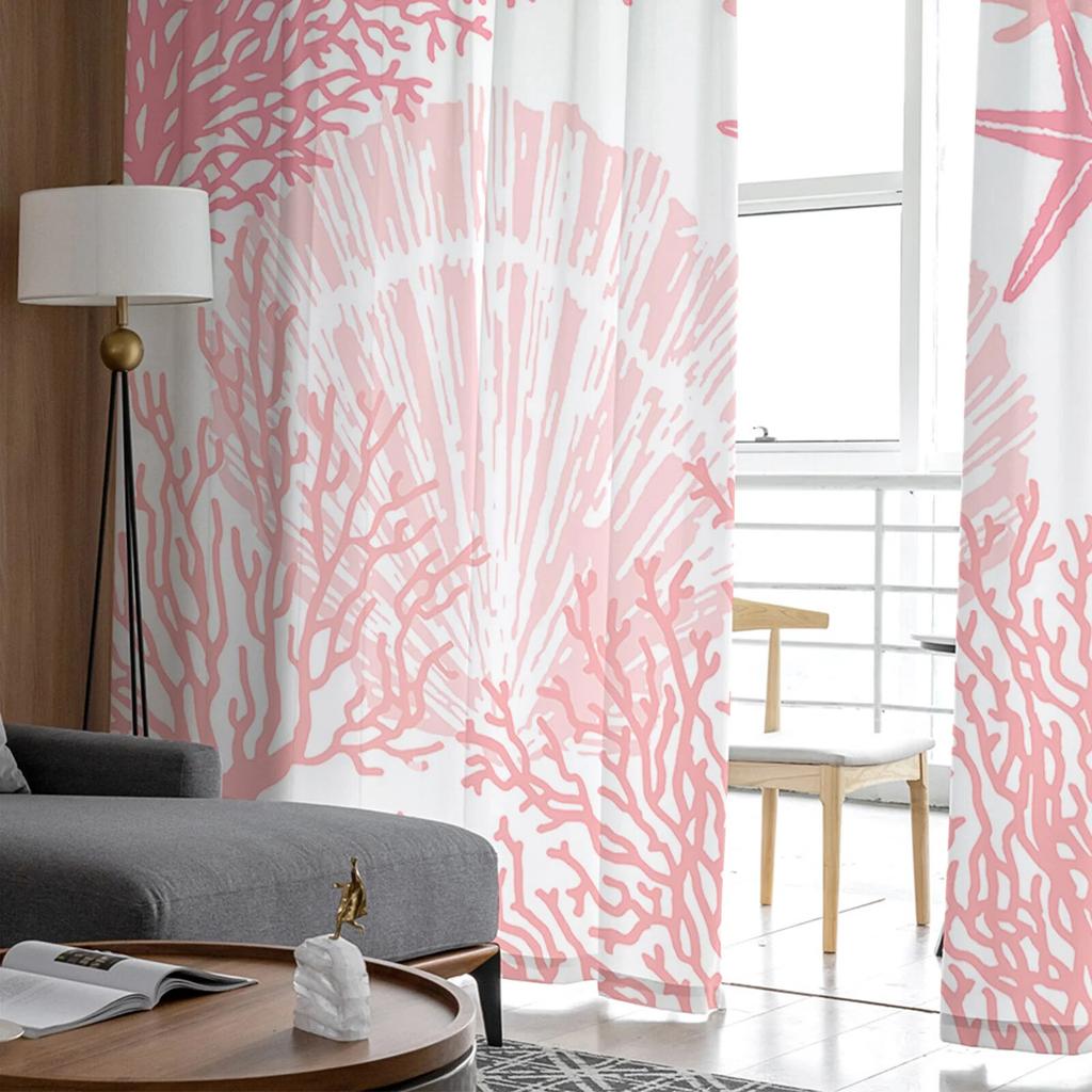 Rosa Ozean Korallen Muschel Seestern Abstrakte Fenster Tüll Vorhänge für Wohnzimmer Küche Home Decor Sheer Voile Vorhänge