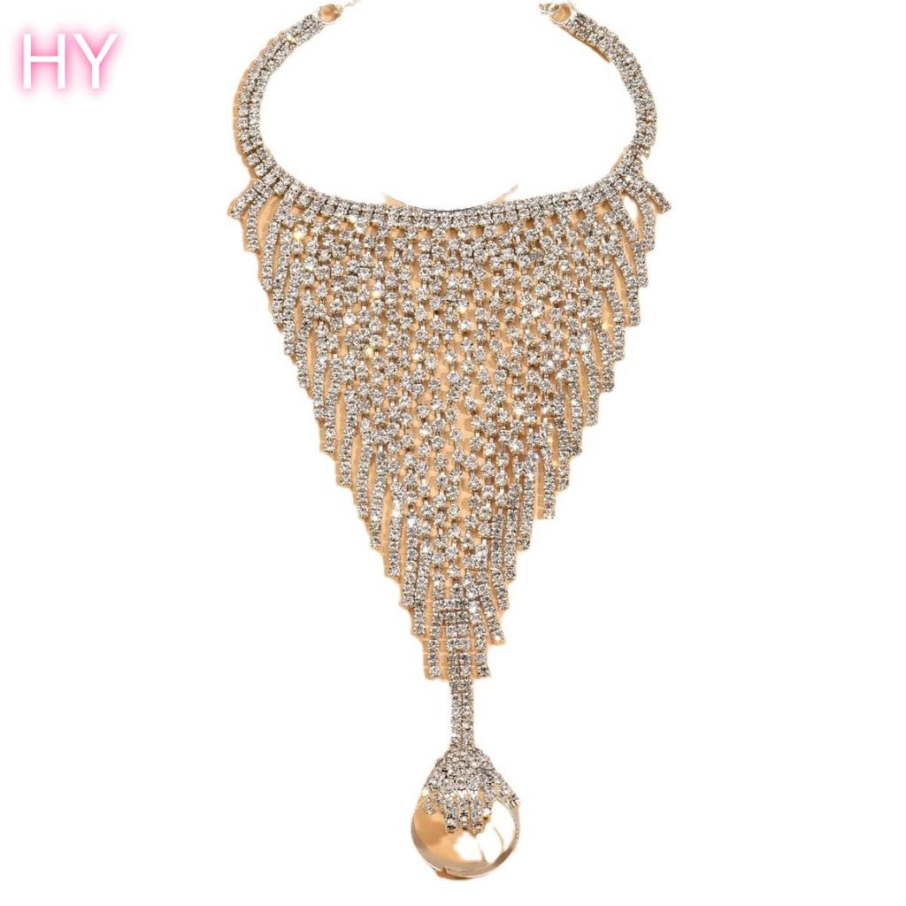 HY Wedding Party Crystal Long Tassel Chain Bracelet Hand Chain Finger Ring Bracelet Rhinestone Ring Bracelet for Women Teen