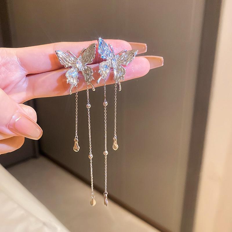 Silver Needle Star & Moon Tassel Ear Clips: Shiny Zircon, Sweet & Cool Style, Non-Pierced