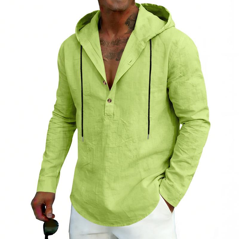 New Men’s Linen Plus-size Hooded Long-sleeved Top – Casual Plain-colour Hoodie