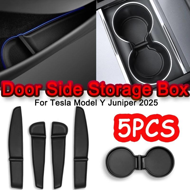 5pcs/set Door Side Storage Box Cup Pad for Tesla Model Y Juniper 2025 Front Rear Door Handle Armrest Tray Organizer Accessories