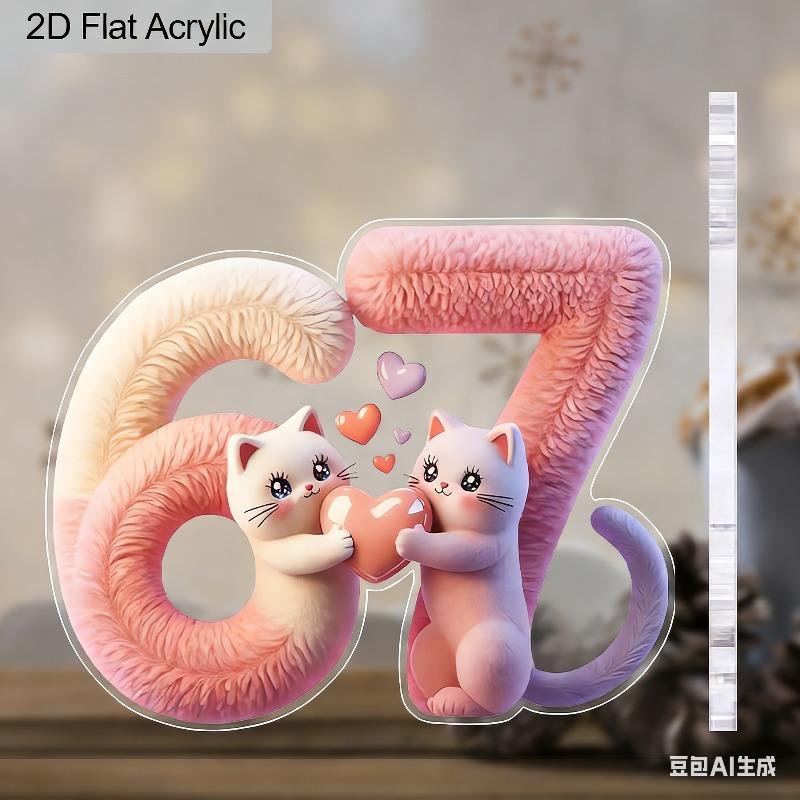 2D Flat Adorable Cats Six Seven Acrylic Decoration Sign, Valentine'S Day Gift, Suitable for Wall Decoration, Porch, Room, Villa, Accents Home, Hallway