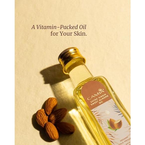Premium Sweet Almond Oil for Hair Growth, Glowing Skin & Face | 100% Natural & Odorless Vitamin-E Enriched Cold- | 100 ML Glass Bottle