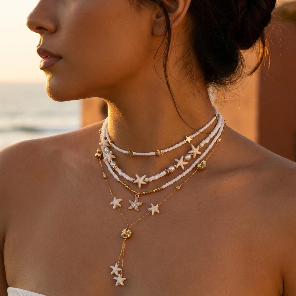 4Pcs/Set Vacation Shell Starfish Seed Bead Long Necklace Summer Beach Ocean Theme Boho Layered Jewelry For Women