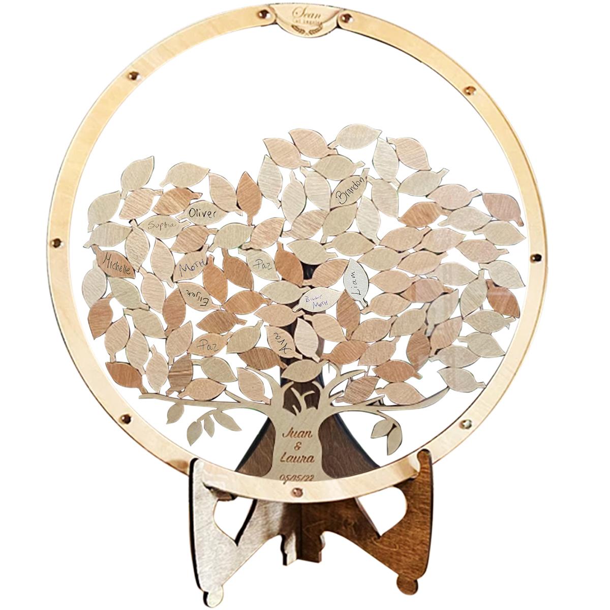 

Wooden Guest Book Drop Box with 1 Round Shape Frame 60 Wooden Leaves Storage Box for Weddings Baby Showers And Anniversaries about 34x34x1cm