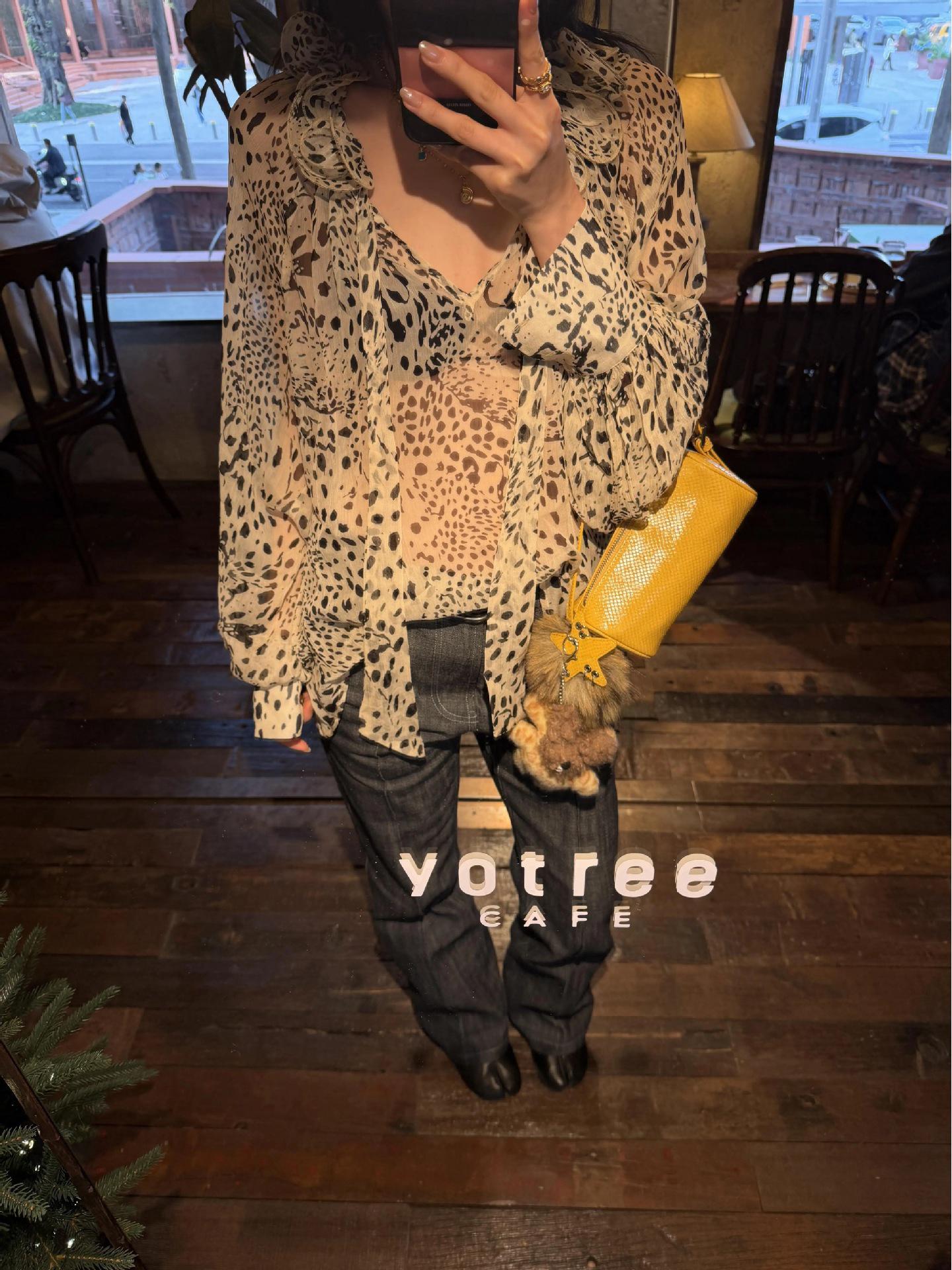 

Apricot Leopard Print Sheer Ruffle Tie-Up Shirt with 3D Texture Small абрикосовый