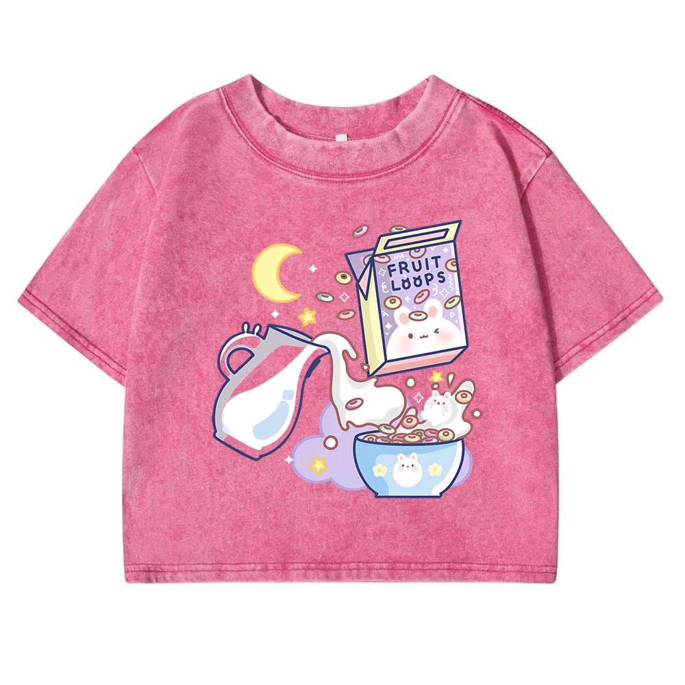 Vital Breakfast Fruit Loops White Milk  Print Womens Crop Top Washed Street Retro Tee Fitness  Short Sleeve