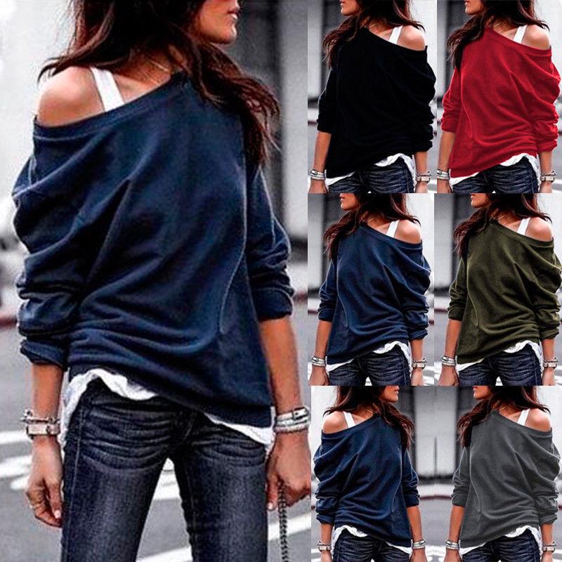 One Shoulder Womens Jumper Pullover Ladies Hoodies Top Loose T Sweatshirt Shirt