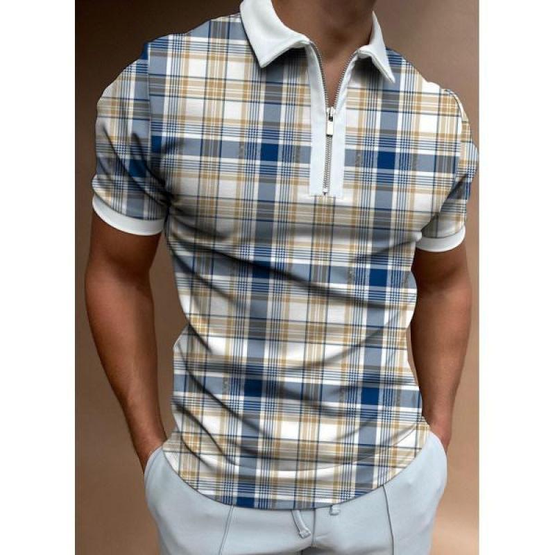 Trendy chain print short-sleeve zip polo shirt, stylish men's casual wear.