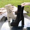 Platform Heeled Boots Autumn New Round Toe Side Zipper Studded Non-Slip Wear-Resistant Block Heel Booties