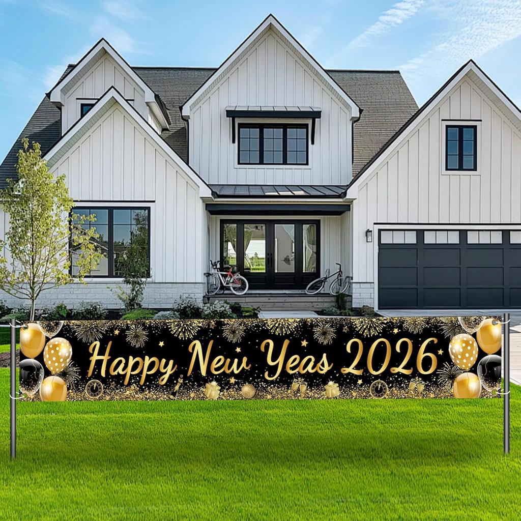 Happy New Year Banner, Large New Year Decorations Banner, 120x20 Inch New Year's Yard Sign Backdrop with Firework for Home 2026 Lunar New Years Eve