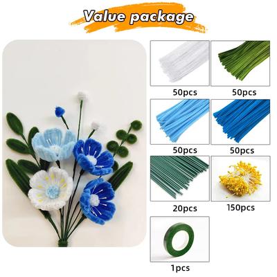 200 Pcs Pipe Cleaner Flowers Kit DIY Art Flower Bouquet Craft Set Chenille Stems Wire with Floral Wires and Floral Tape
