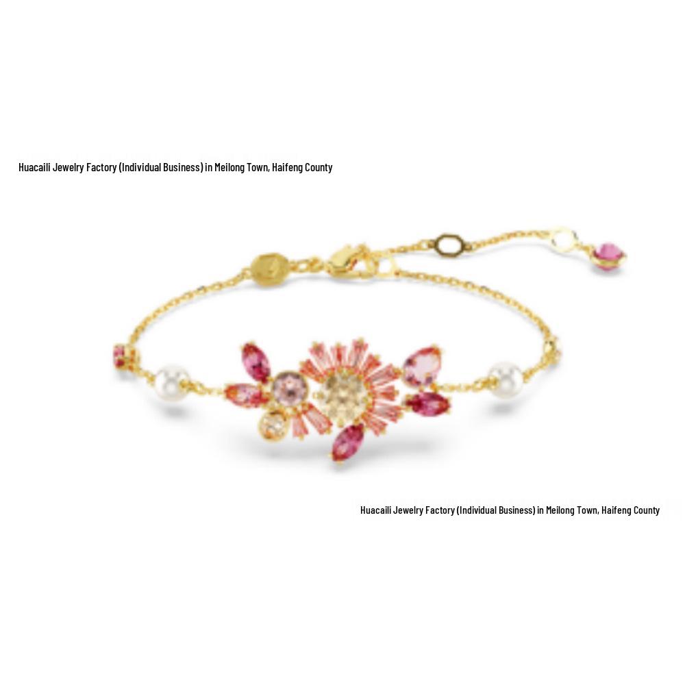Cherry Blossom Crystal Pearl Necklace & Colorful Diamond Flower Bracelet-Earring Set Necklace/Earrings Box